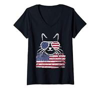 Femme Drapeau américain en détresse et chat Ameowrica T-Shirt avec Col en V