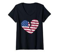 Femme Drapeau américain en Forme de cœur brisé - Heartbreak Patriotique T-Shirt avec Col en V
