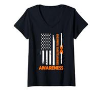 Femme Drapeau américain en Ruban Orange pour Sensibilisation aux handicaps développementaux T-Shirt avec Col en V