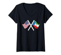 Femme Drapeau américain et équatorial Guinée croisée, Double Racine T-Shirt avec Col en V