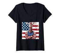 Femme Drapeau américain Girafe Mascotte USA T-Shirt avec Col en V