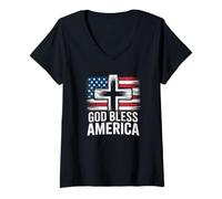 Femme Drapeau américain « God Bless America 4th of July Christian Patriot » T-Shirt avec Col en V
