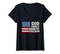Femme Drapeau américain « God Family Country Freedom » T-Shirt avec Col en V