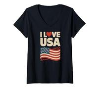 Femme Drapeau américain I Love USA Pride T-Shirt avec Col en V