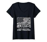 Femme Drapeau américain « I Still Play with Fire Trucks » T-Shirt avec Col en V
