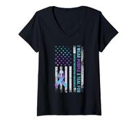 Femme Drapeau américain « I Wear Purple and Teal » pour la prévention du Suicide T-Shirt avec Col en V