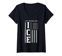Femme Drapeau américain Immigrant Ice The Thin White Line pour Hommes, Femmes, Enfants T-Shirt avec Col en V