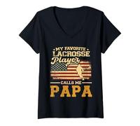 Femme Drapeau américain My Favorite Lacrosse Player Calls Me Papa T-Shirt avec Col en V