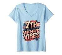 Femme Drapeau américain « My Teacher Squad » de 7e année Rouge et Blanc T-Shirt avec Col en V