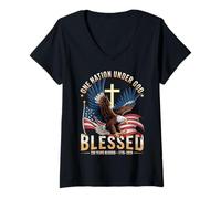 Femme Drapeau américain One Nation Under God Blessed Eagle Cross Patriot T-Shirt avec Col en V