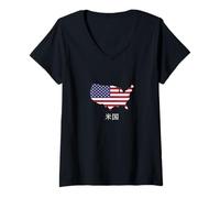 Femme Drapeau américain Patriotique Cool et Carte « Amérique » en Kanji Japonais T-Shirt avec Col en V