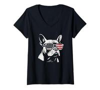 Femme Drapeau américain rétro Bouledogue français Patriotique 4 Juillet T-Shirt avec Col en V