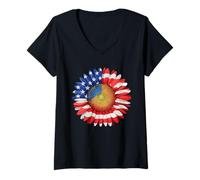 Femme Drapeau américain tournesol 4 juillet Indépendance USA Day T-Shirt avec Col en V