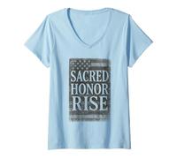 Femme Drapeau américain Vieilli Sacred Honor Rise USA Patriotic T-Shirt avec Col en V