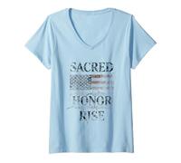 Femme Drapeau américain Vieilli Sacred Honor Rise USA Patriotic T-Shirt avec Col en V