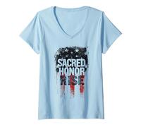 Femme Drapeau américain Vieilli Sacred Honor Rise USA Patriotic T-Shirt avec Col en V