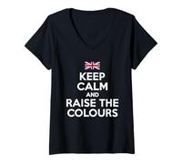 Femme Drapeau Anglais « Keep Calm and Raise The Colours » T-Shirt avec Col en V
