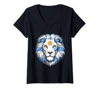 Femme Drapeau Argentine Couleurs Tête de Lion T-Shirt avec Col en V