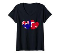 Femme Drapeau Australien Turc en Forme de cœur T-Shirt avec Col en V