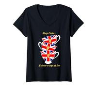 Femme Drapeau Britannique Amusant Keep Calm and Have a Cup of Tea T-Shirt avec Col en V