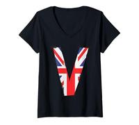 Femme Drapeau Britannique Lettre V Initiale Graphique Vieilli T-Shirt avec Col en V