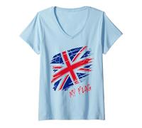 Femme Drapeau Britannique Union Jack Grande-Bretagne Londres Filles Femmes garçons Hommes T-Shirt avec Col en V