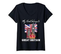 Femme Drapeau Britannique Vintage My Heart Belongs to Great Britain T-Shirt avec Col en V