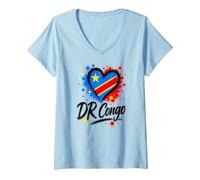 Femme Drapeau d'amour de la RD Congo en Forme de cœur Fierté congolaise Vacances Voyage T-Shirt avec Col en V