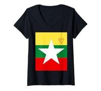 Femme Drapeau de la Birmanie - Cœur fière du Patrimoine - Fête Nationale T-Shirt avec Col en V