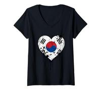 Femme Drapeau de la Corée du Sud en Forme de cœur T-Shirt avec Col en V