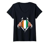 Femme Drapeau de la Côte D'Ivoire déchiré Graphique Ivorian Pride Roots T-Shirt avec Col en V
