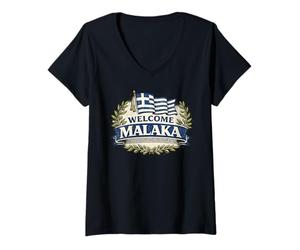 Femme Drapeau de la Grèce de Bienvenue Malaka - Humour Grec drôle T-Shirt avec Col en V