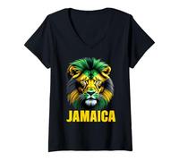 Femme Drapeau de la Jamaïque - Motif Lion - Beau Drapeau jamaïcain T-Shirt avec Col en V