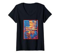 Femme Drapeau de la liberté américaine Paysage urbain T-Shirt avec Col en V