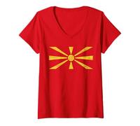 Femme Drapeau DE LA MACÉDOINE du Nord Skopje YUGOSLAVIE T-Shirt avec Col en V
