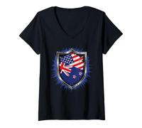 Femme Drapeau de la Nouvelle-Zélande et des États-Unis Drapeau USA Nouvelle-Zélande T-Shirt avec Col en V