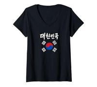 Femme Drapeau de la République de Corée et Mot d'écriture au Pinceau Hangul T-Shirt avec Col en V