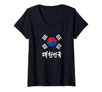 Femme Drapeau de la République de Corée et Mots Hangul T-Shirt avec Col en V