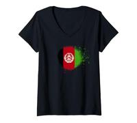 Femme Drapeau de l'Afghanistan - Peinture en Spray - Style éclaboussures T-Shirt avec Col en V