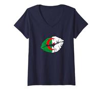 Femme Drapeau de l'Algérie - Cadeau pour Les Algériens T-Shirt avec Col en V, Bleu Marine, M