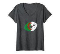 Femme Drapeau de l'Algérie - Cadeau pour Les Algériens T-Shirt avec Col en V, Chiné Foncé, XXL
