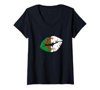 Femme Drapeau de l'Algérie - Cadeau pour Les Algériens T-Shirt avec Col en V, Noir, S