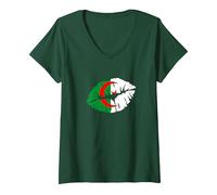 Femme Drapeau de l'Algérie - Cadeau pour Les Algériens T-Shirt avec Col en V, Vert Forêt, M