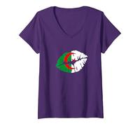 Femme Drapeau de l'Algérie - Cadeau pour Les Algériens T-Shirt avec Col en V, Violet, L