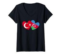 Femme Drapeau de l'Azerbaïdjan Turquie en forme de cœur Amitié azerbaïdjanaise turque T-Shirt avec Col en V