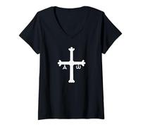 Femme Drapeau de l'Espagne des Asturies Victoire Croix Symbole Cruz de la Victoria T-Shirt avec Col en V