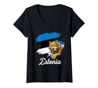 Femme Drapeau de l'Estonie Loup Fierté Nationale estonienne Grunge T-Shirt avec Col en V
