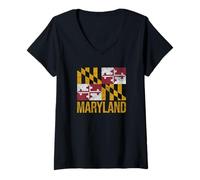 Femme Drapeau de l'État du Maryland Annapolis Baltimore Baie de Chesespeake T-Shirt avec Col en V