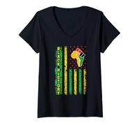 Femme Drapeau de l'histoire Noire - Poing Afro - Fierté Africaine - Design rétro T-Shirt avec Col en V