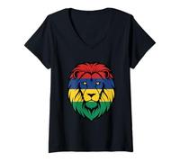 Femme Drapeau de l'Ile Maurice Couleurs Tête de Lion T-Shirt avec Col en V